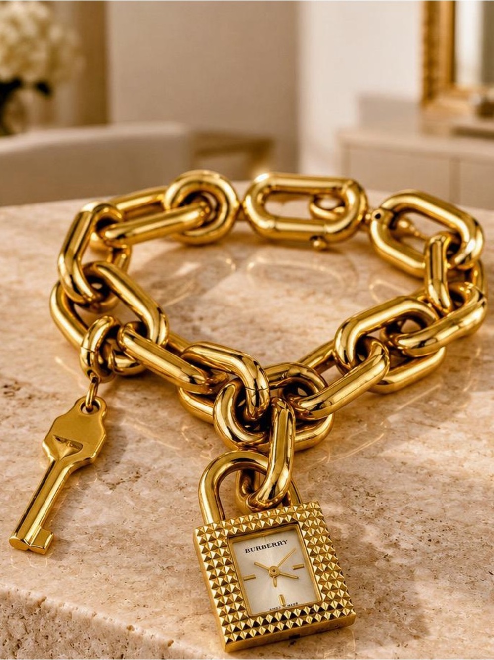 Vintage Burberry Gold-Tone Padlock Charm Bracelet Watch